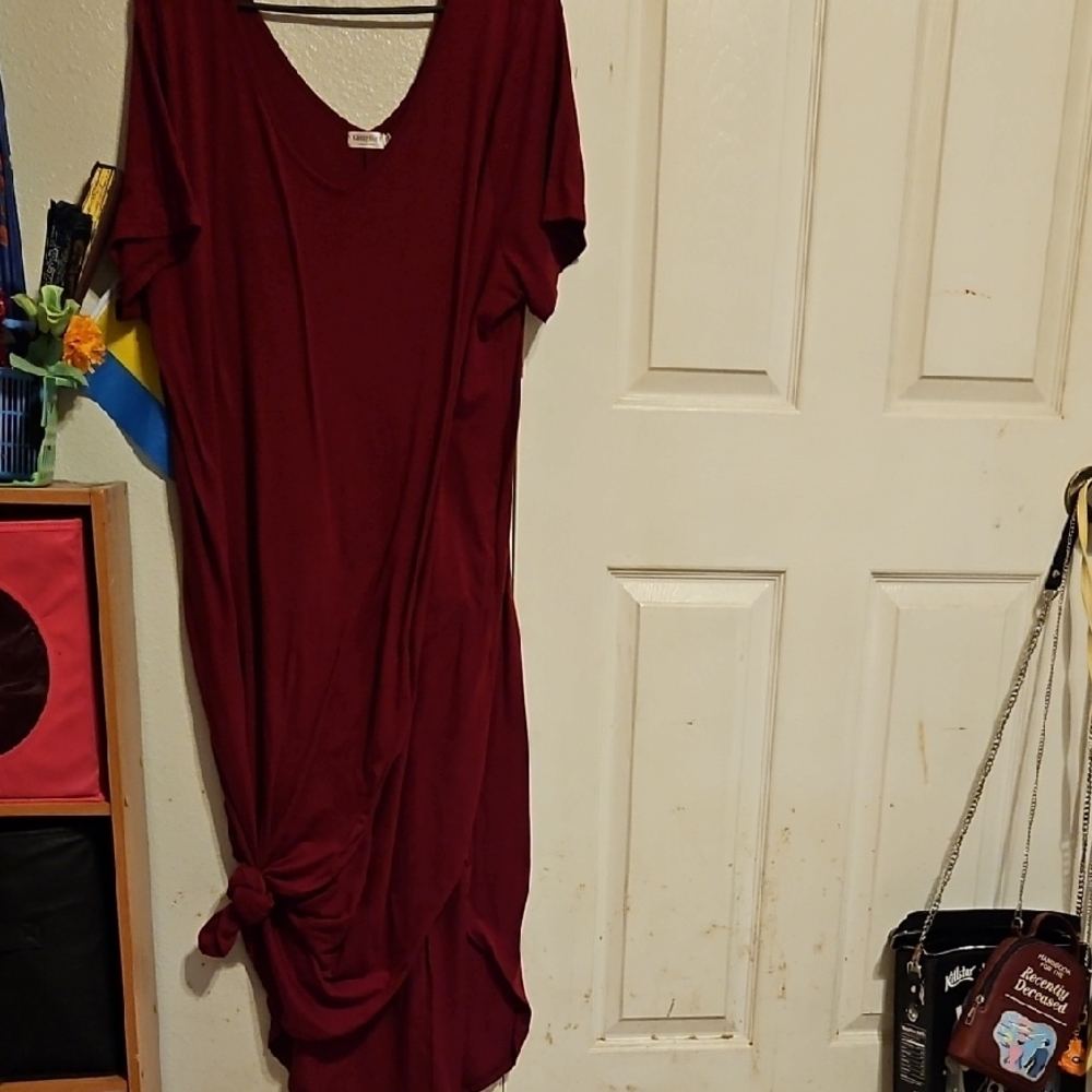 Red Ruched Midi Dress with V-Neck